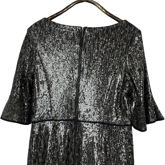 SHANI S-2025 SEQUIN RUFFLE HALF SLEEVE GRAY SILVER HOLIDAY COCKTAIL DRESS - Picture 8 of 14